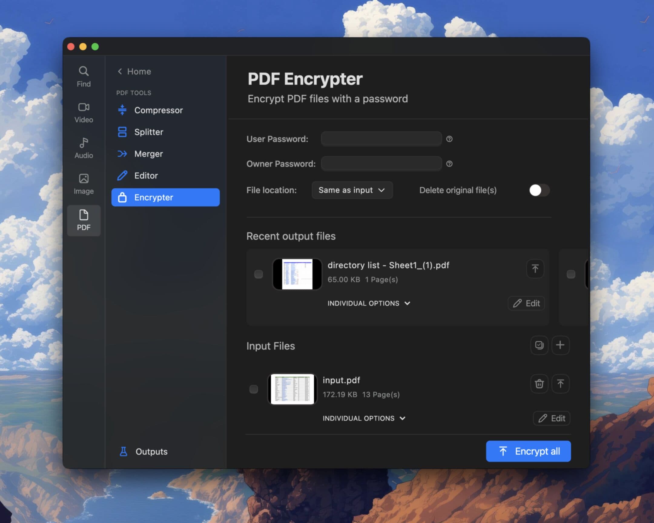 Encrypt PDF files with password