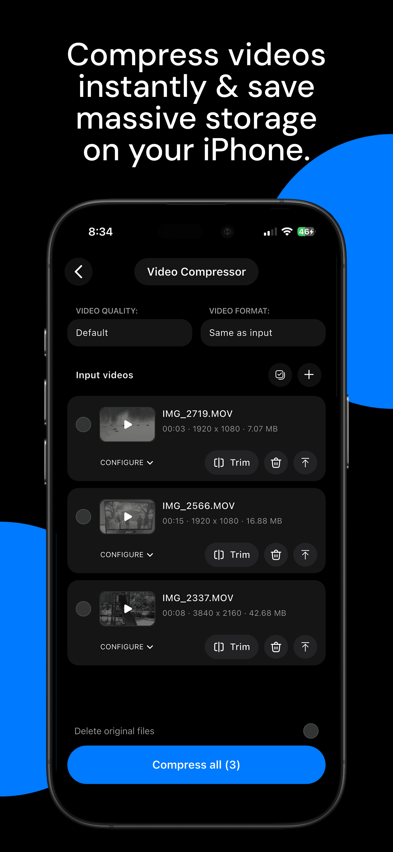 Pimosa iPhone app, video compressor for 4K files